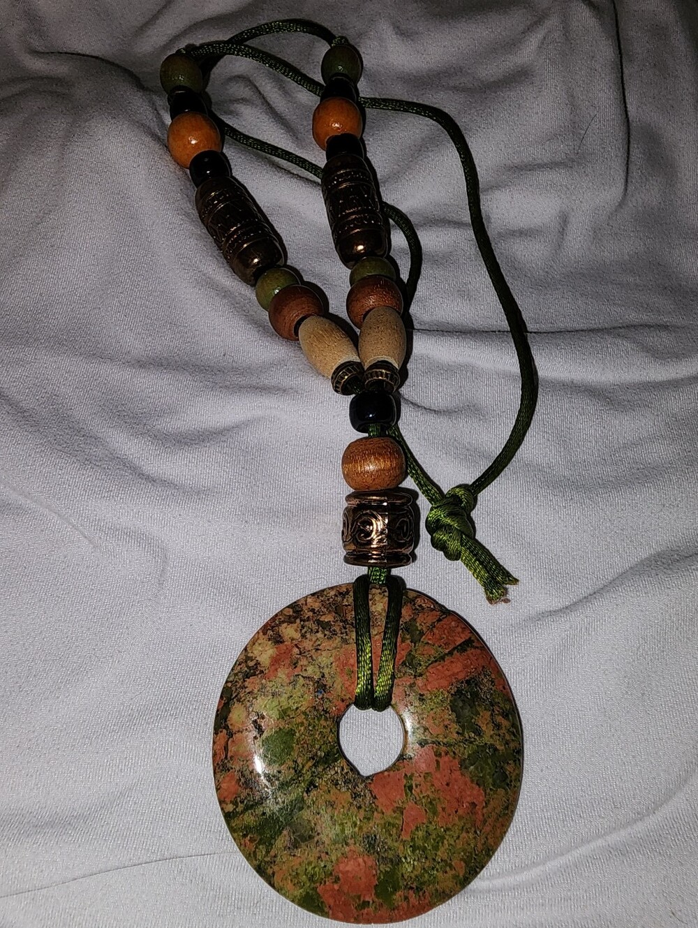 Unakite Handcrafted Green & Brown Stone Donut Pendant Necklace